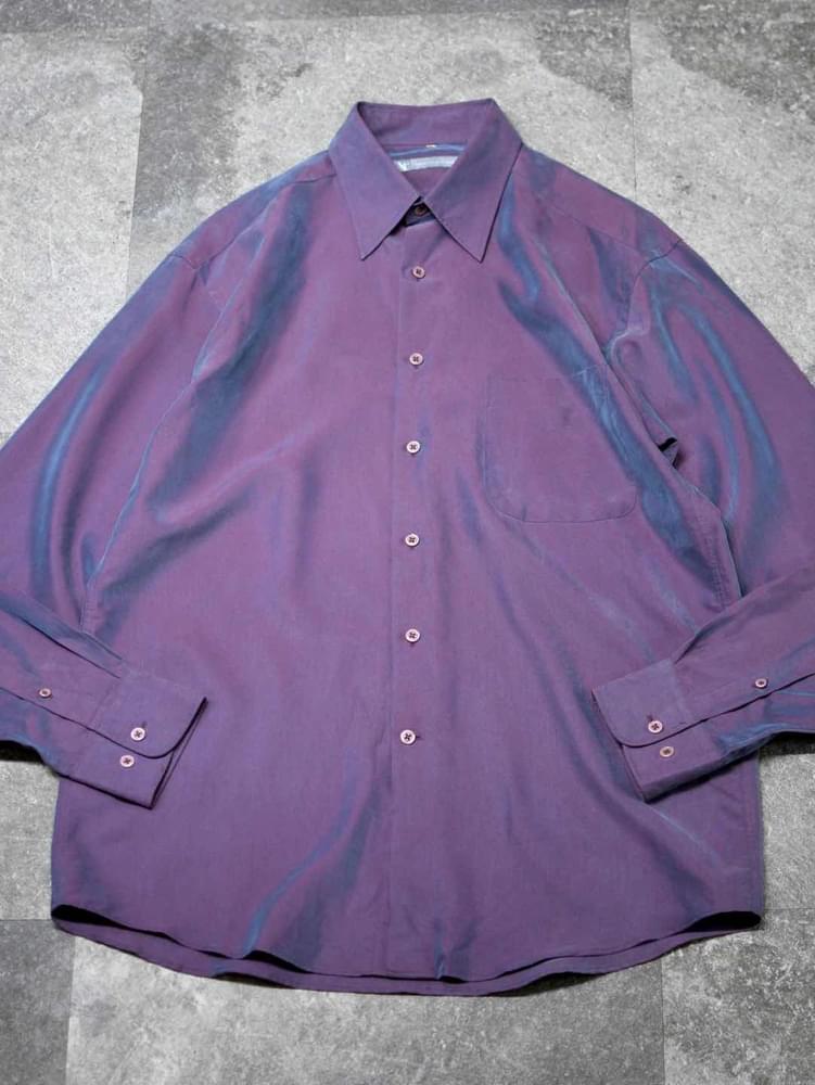 古着 80s イタリア製 Messori 玉虫色 リネン 長袖シャツ