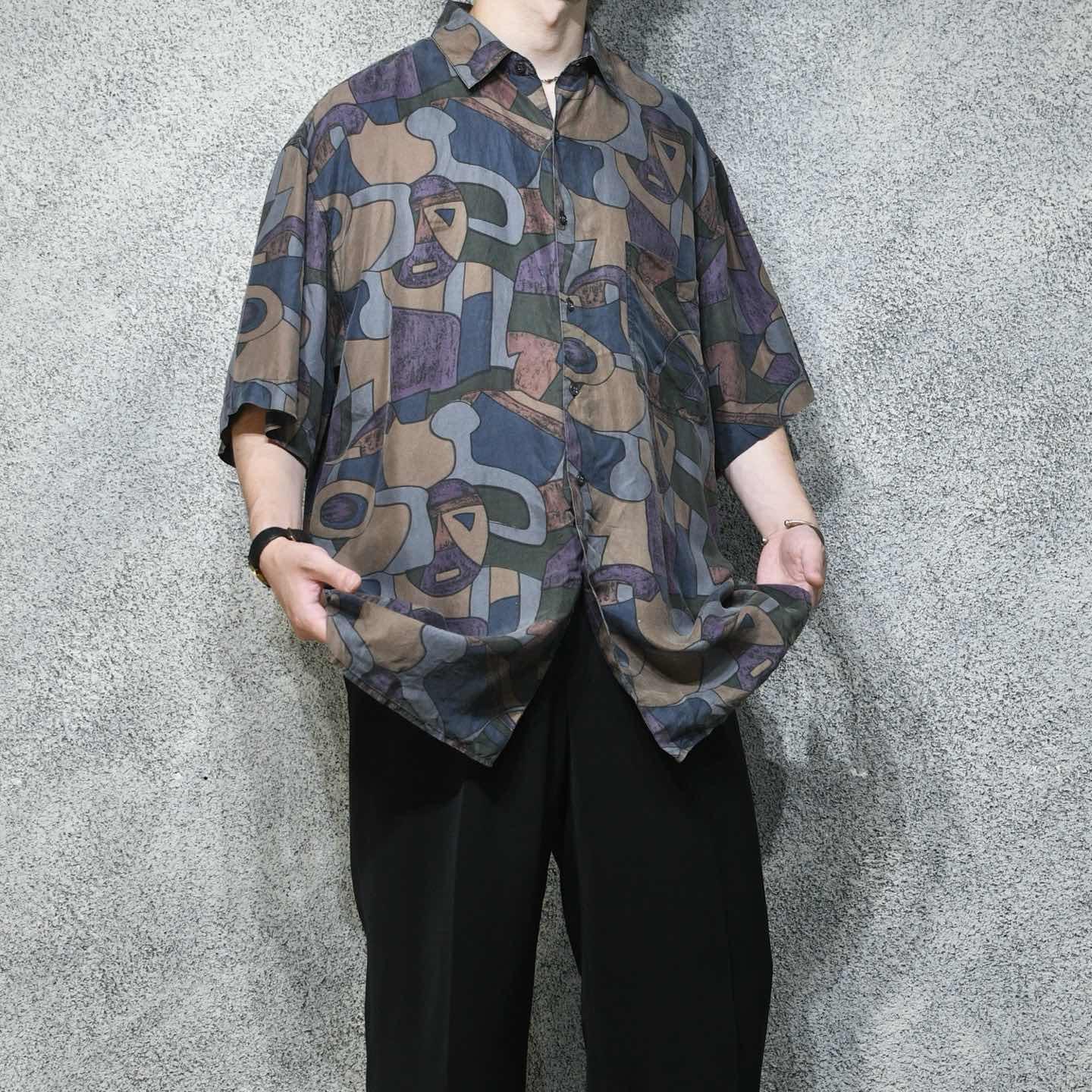古着通販】古着 半袖シャツ シルクシャツ 柄シャツ 総柄シャツ グレー