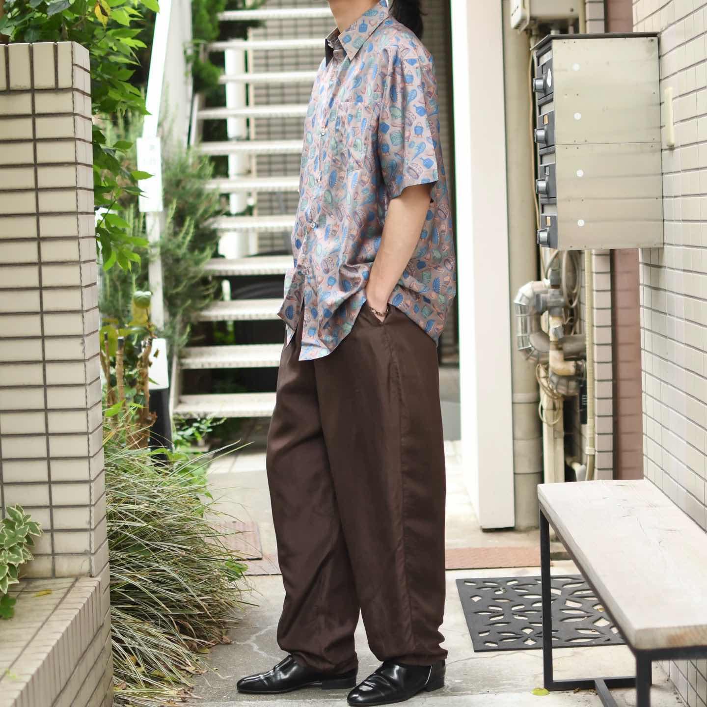 メンズ 古着 タイシルク 籠柄 総柄シャツ 柄シャツ シルクシャツ 半袖 