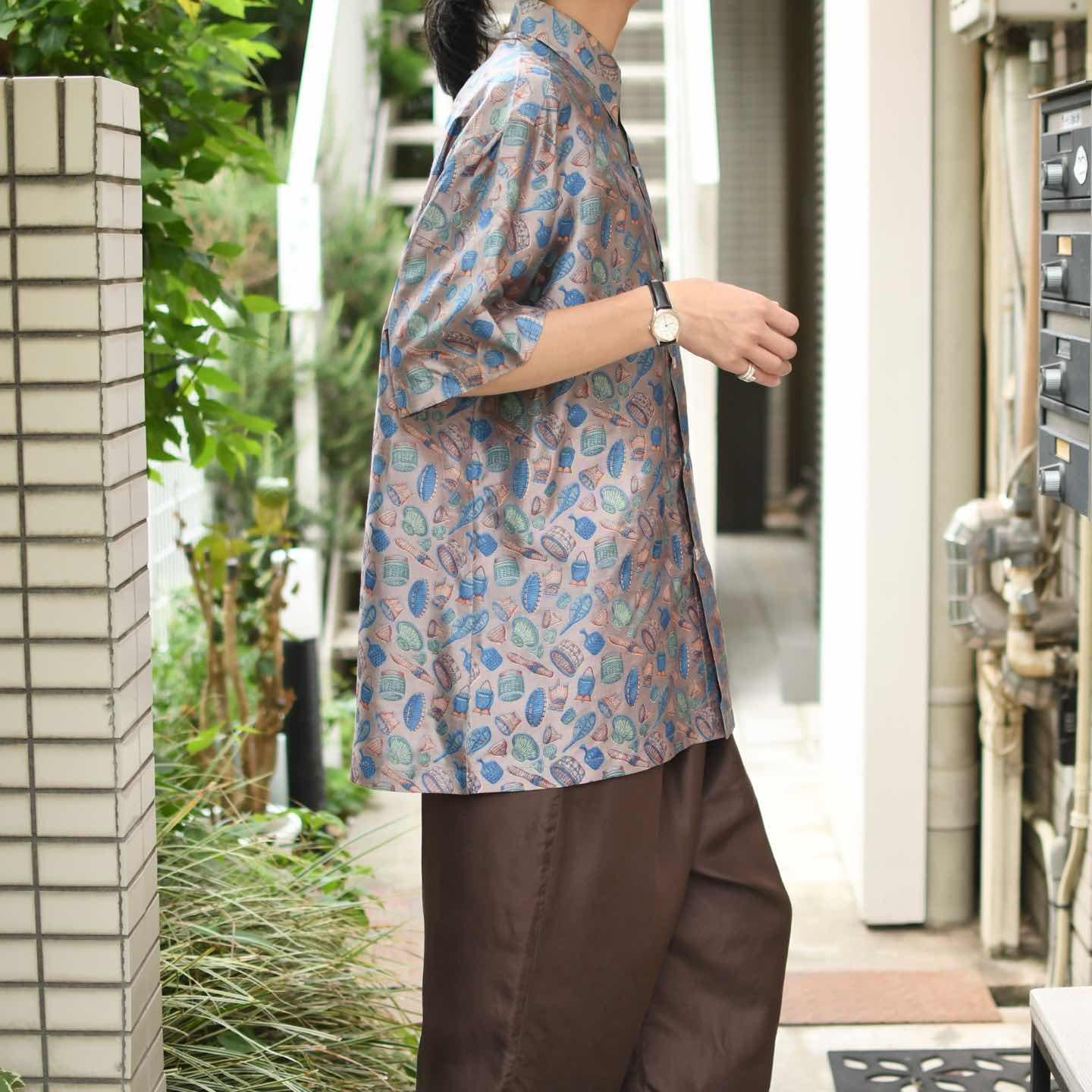 メンズ 古着 タイシルク 籠柄 総柄シャツ 柄シャツ シルクシャツ 半袖 