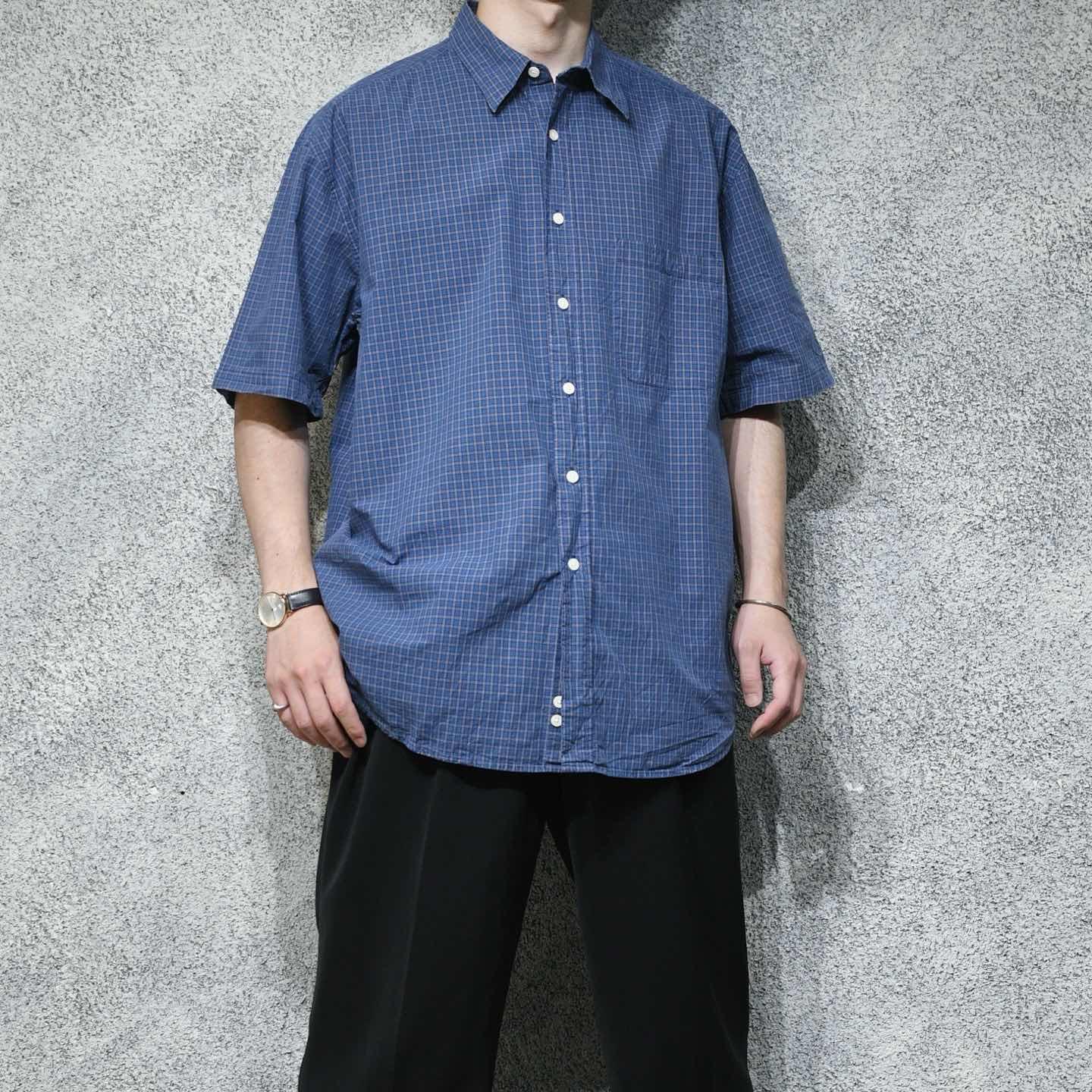 古着通販】古着 Eddie Bauer チェックシャツ 半袖シャツ コットン 青