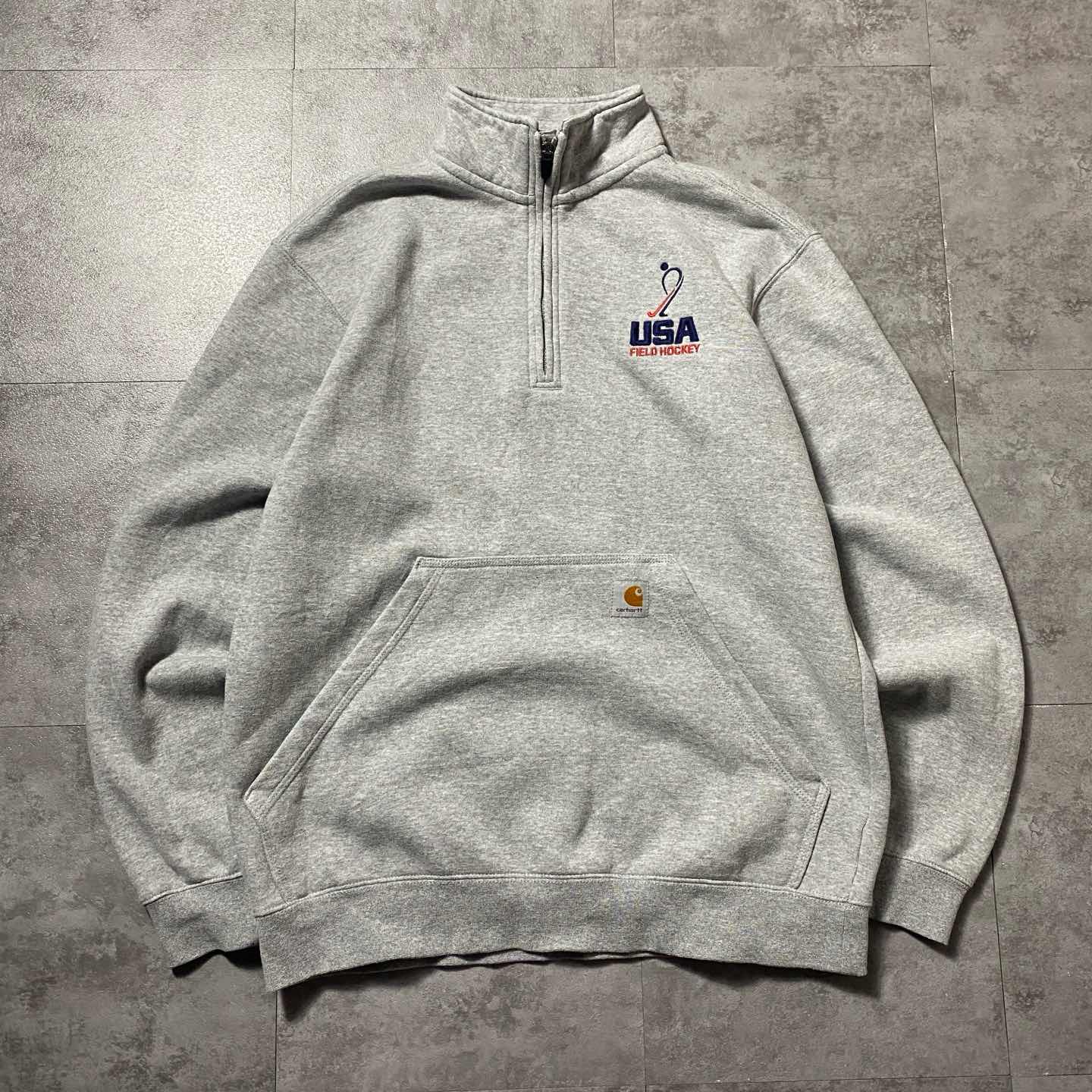 carhartt カーハート　ハーフジップ　刺繍企業ロゴ　グレー　スウェット 古着通販】carhartt カーハート ハーフジップ 刺繍企業ロゴ