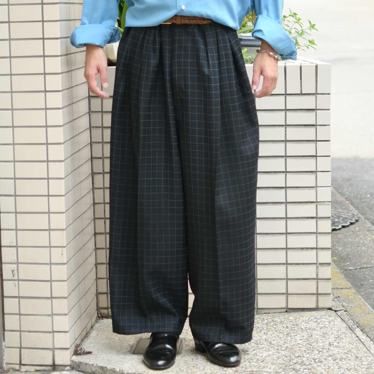 古着通販】古着 2タック ワイドパンツ スラックス チェックパンツ