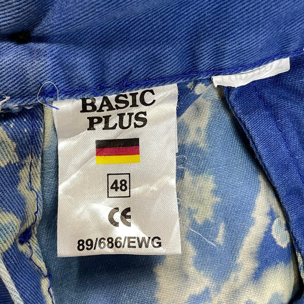 BASIC PLUS リメイク ブリーチ スプラッター タイダイ ユーロ ワークパンツ メンズW32-33相当  ダブルニー ペインターパンツ 古着 リメイク 総柄 紺色 古着通販】BASIC PLUS リメイク ブリーチ スプラッター タイダイ
