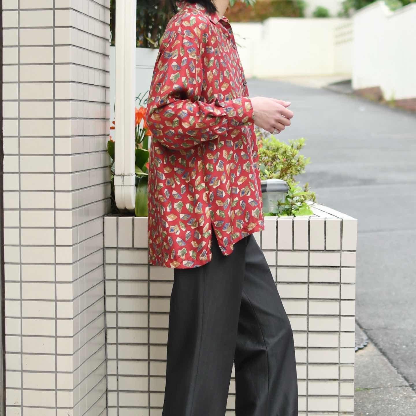 古着通販】古着 本 総柄シャツ シルクシャツ 柄シャツ 長袖シャツ